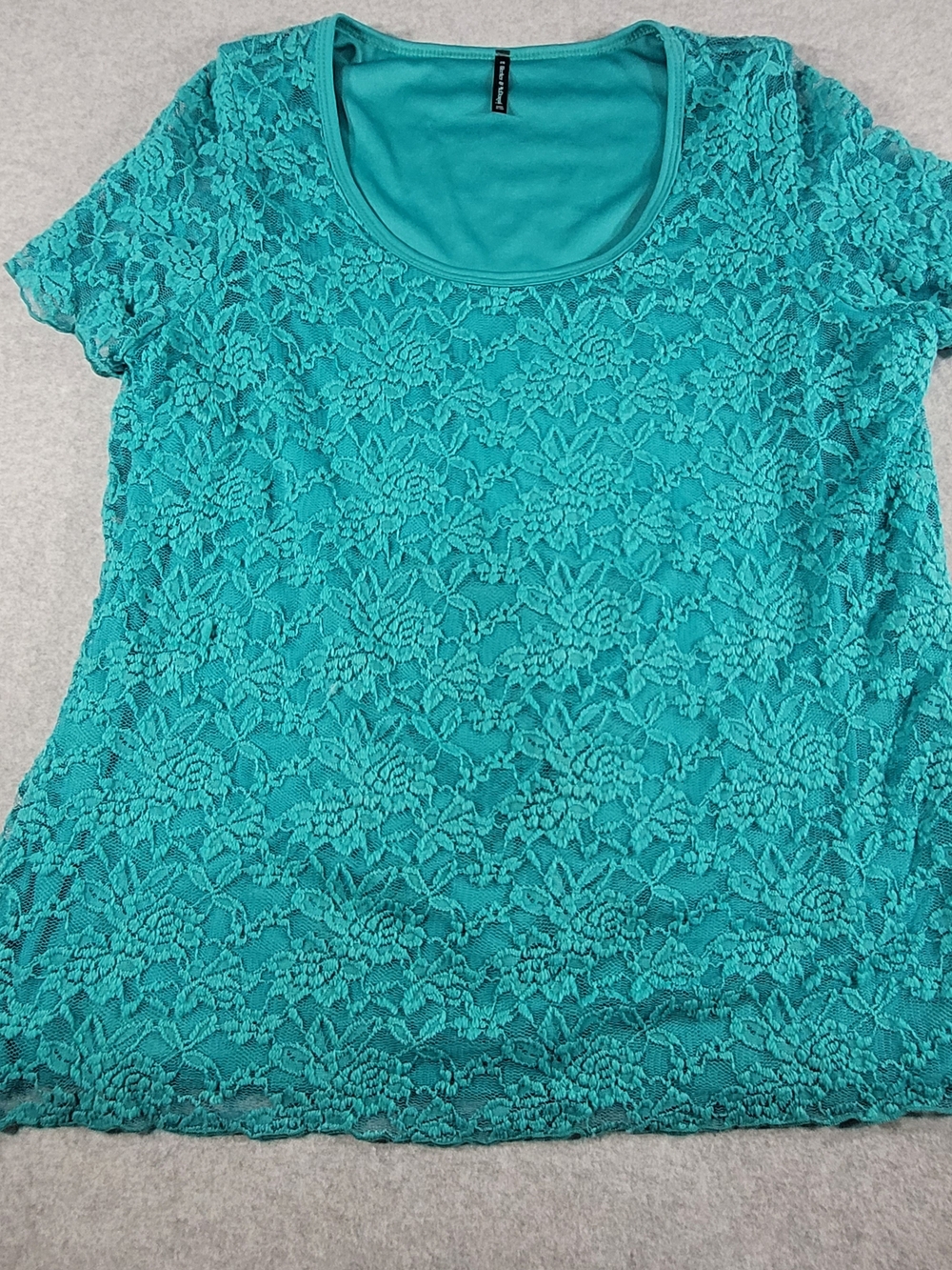 Lace Overlay Short Sleeve Scoop Neck Top - Teal